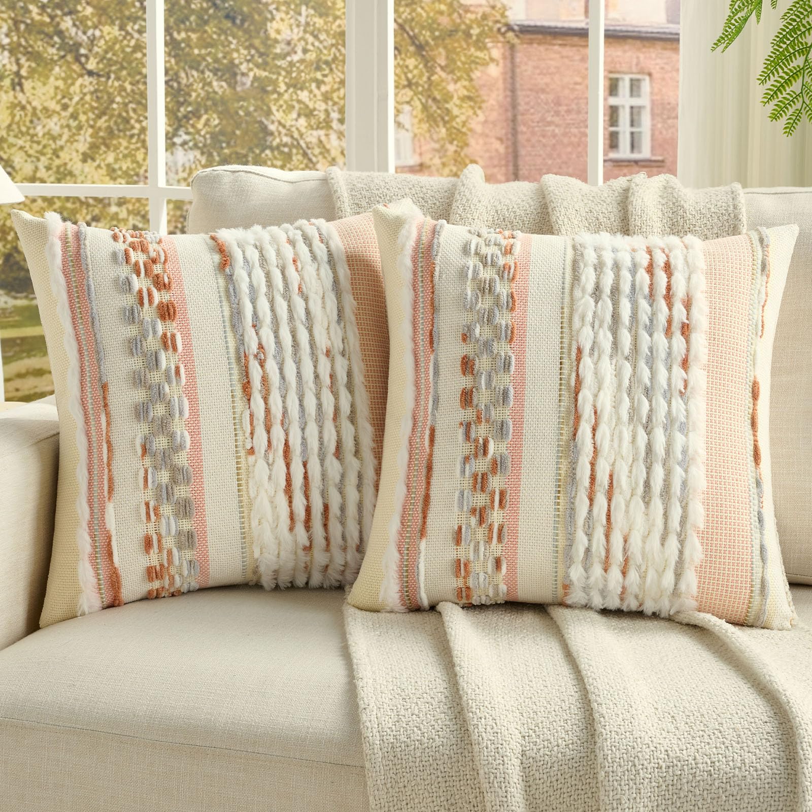 FUTEI Pack of 2 Boho Chenille Decorative Throw Pillow Covers 18x18 Inch Soft Plush Tufted Striped Textured Cushion Case,Farmhouse Accent for Couch Bed Living Room, Grey