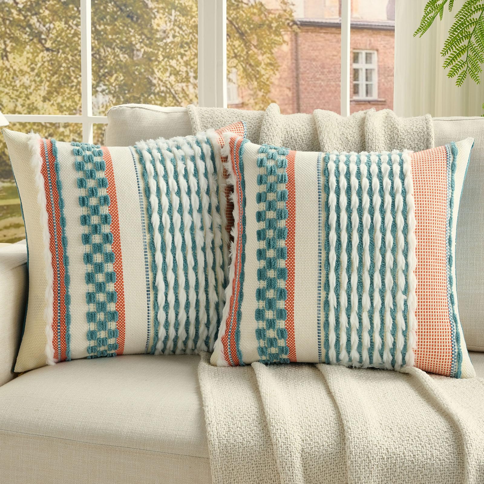 FUTEI Pack of 2 Boho Chenille Decorative Throw Pillow Covers 18x18 Inch Soft Plush Tufted Striped Textured Cushion Case,Farmhouse Accent for Couch Bed Living Room, Grey
