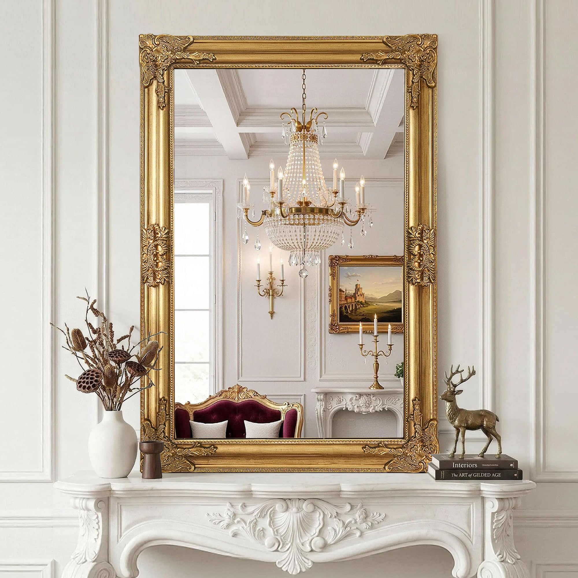 Vintage Gold Mirror for Wall, 28"x40" Antique Decorative Ornate Baroque Mirror for Living Room, Entryway, Bathroom, Fireplace(Antique Gold)