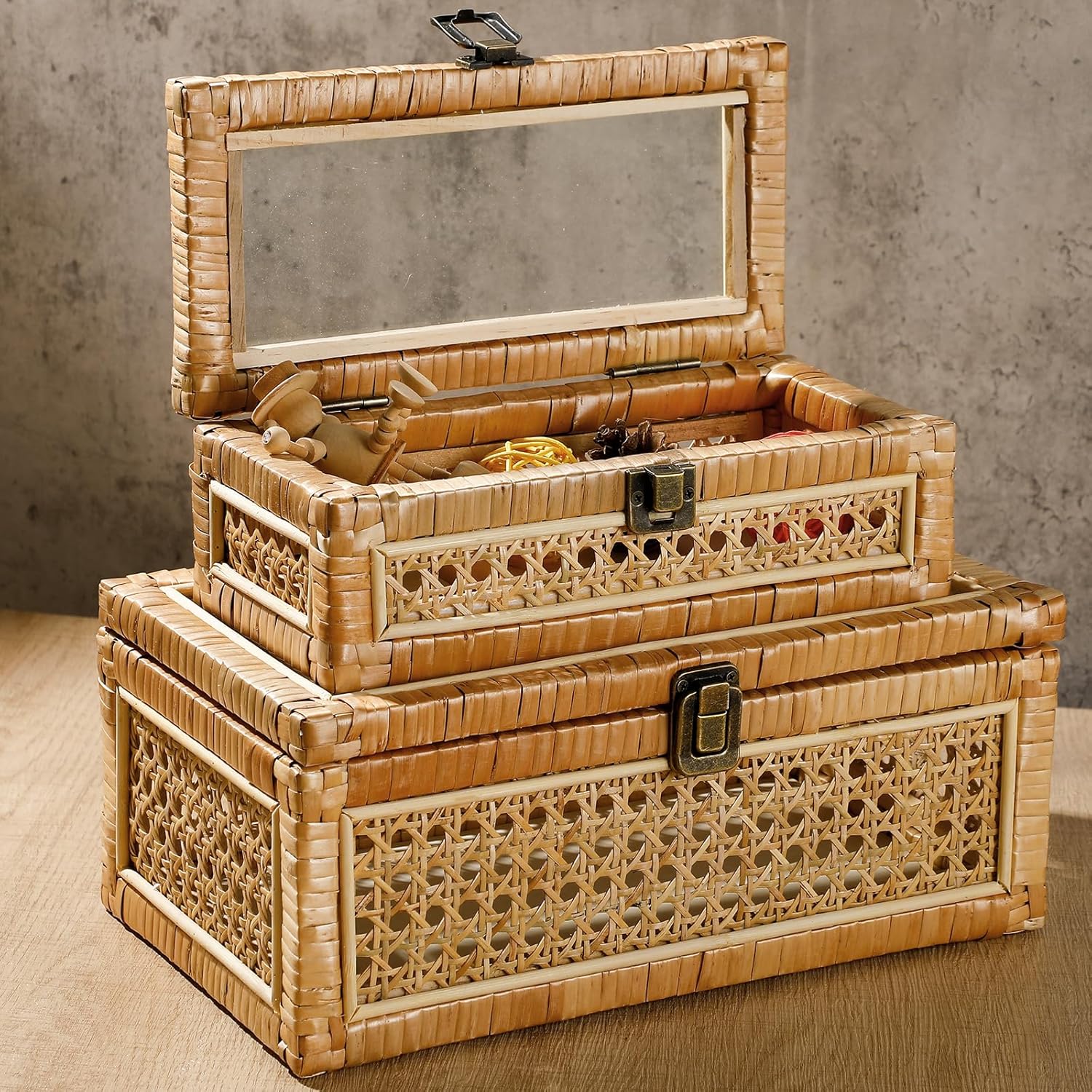 Set of 2 Boho Rattan Decorative Box with Glass Lid Rectangular Woven Cane Stacking Boxes for Display Rustic Farmhouse Storage Basket Bins for Home Decoration