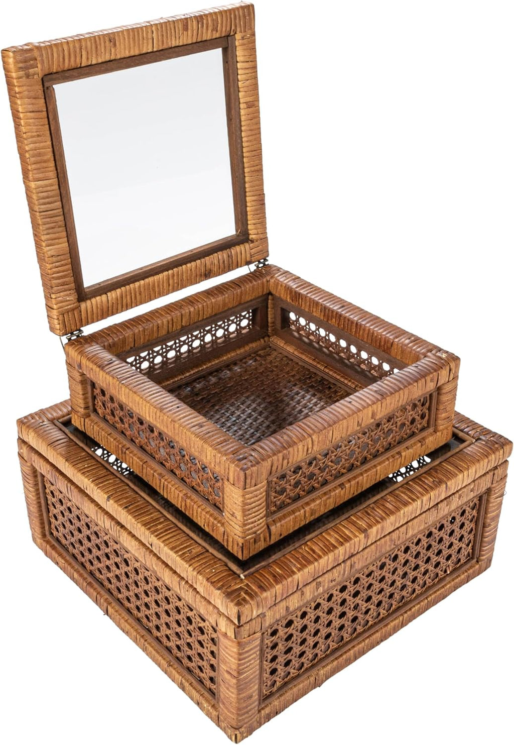 Creative Co-Op Modern Decorative Square Woven Rattan and Wood Display Boxes with Glass Top, Set of 2 Sizes, Dark Brown Finish