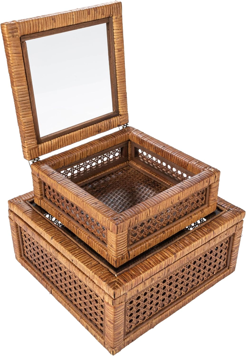 Creative Co-Op Modern Decorative Square Woven Rattan and Wood Display Boxes with Glass Top, Set of 2 Sizes, Dark Brown Finish