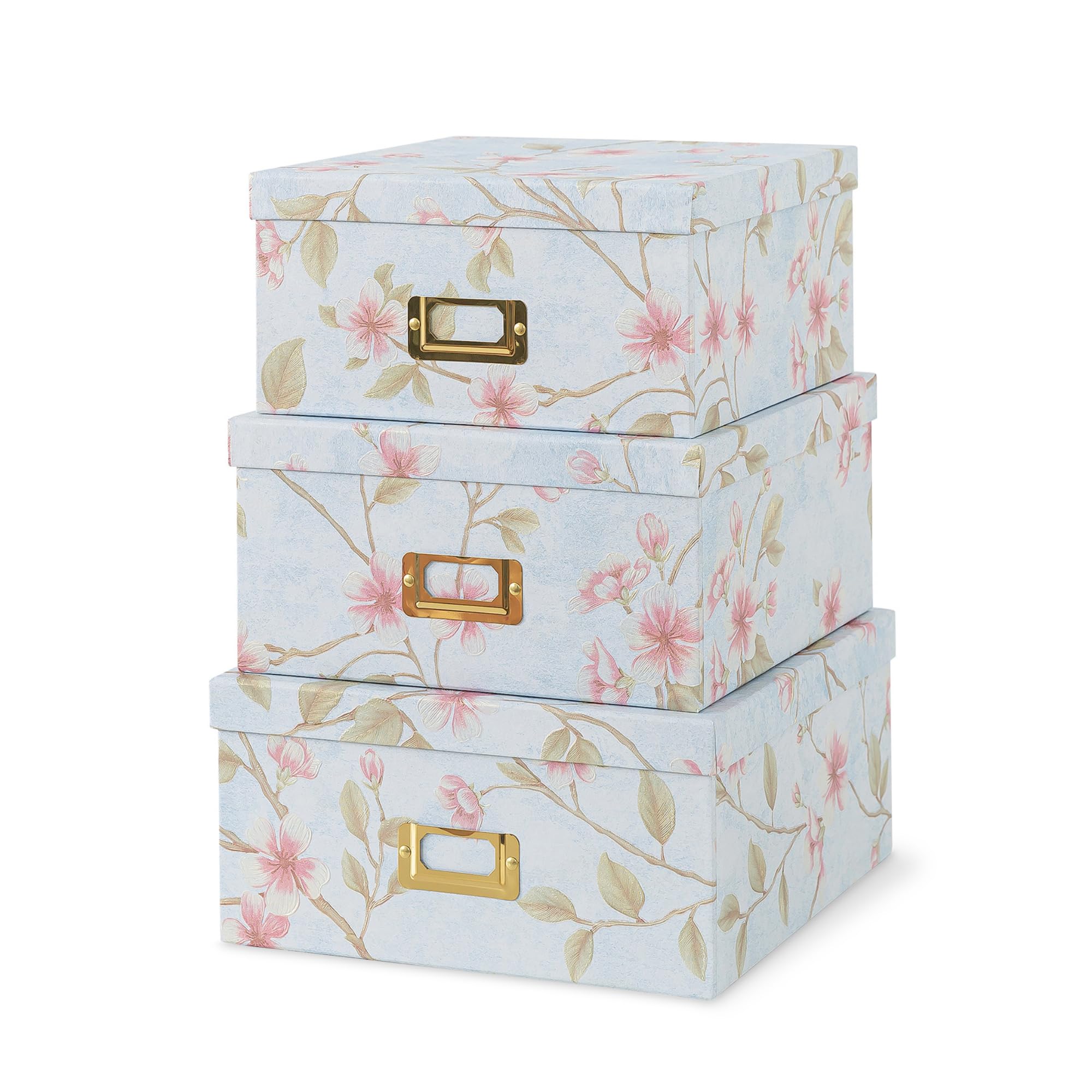 Soul & Lane Decorative Cardboard Storage Boxes - Set of 3 Square Stacking Boxes with Lids and Gold Label Holders, Nesting Photo Storage for Decor and Organizing, Botanical Sage
