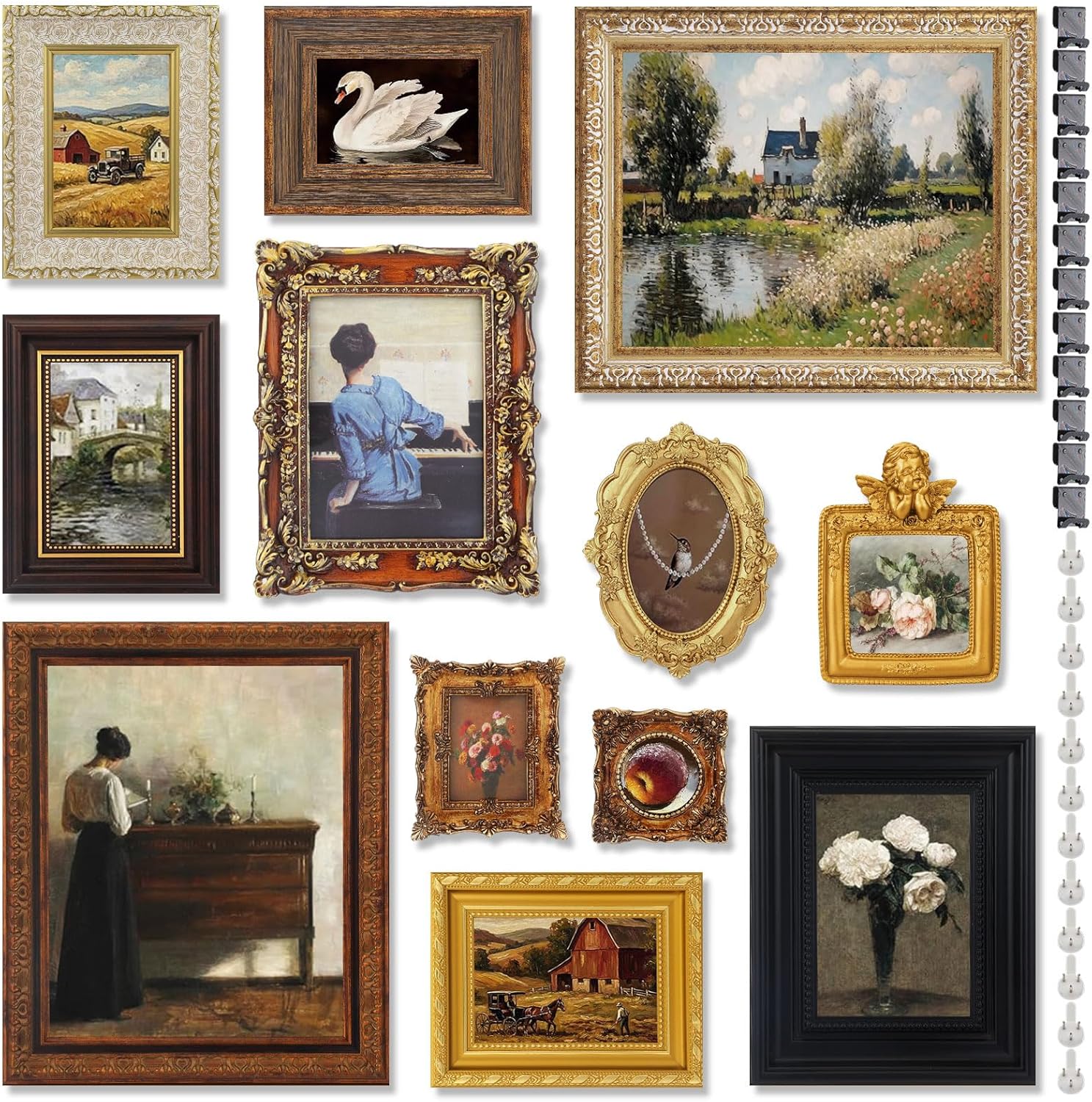 Mifoci 12 Pcs Vintage Picture Frame Set for Wall or Tabletop Display, Multi Size Gold Brown Antique Frames with Glass Front for French Country Farmhouse Gallery Room Wall Art Decor (Baroque)