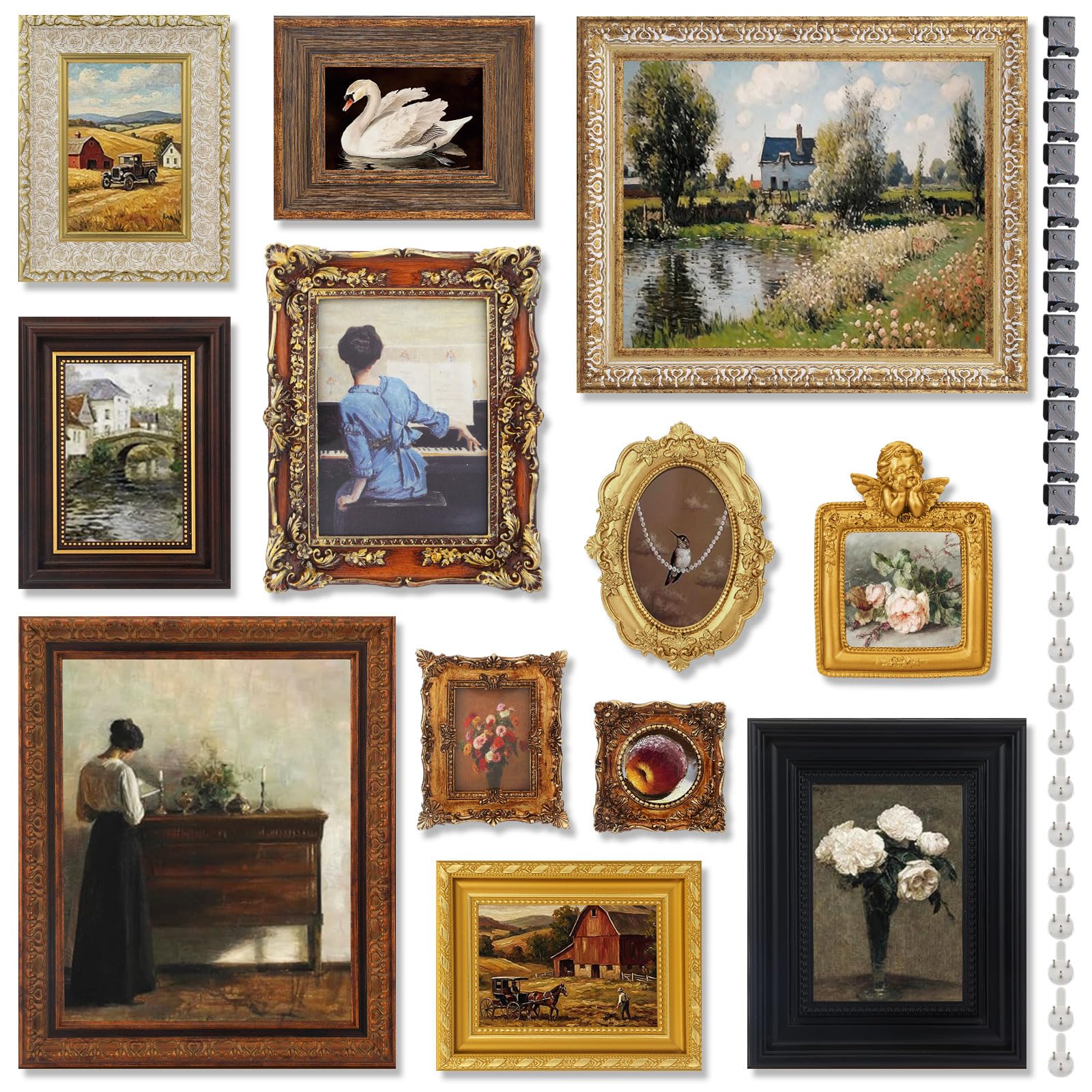 Mifoci 12 Pcs Vintage Picture Frame Set for Wall or Tabletop Display, Multi Size Gold Brown Antique Frames with Glass Front for French Country Farmhouse Gallery Room Wall Art Decor (Baroque)