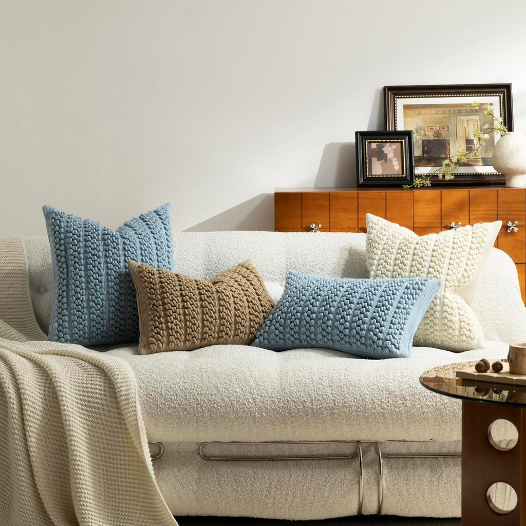 DEZENE Wool Boucle Throw Pillow Cover Premium Chic Accents Square Textured Decorative Pillow Case for Living Room Couch Sofa Home Decor 18"x18" Beige