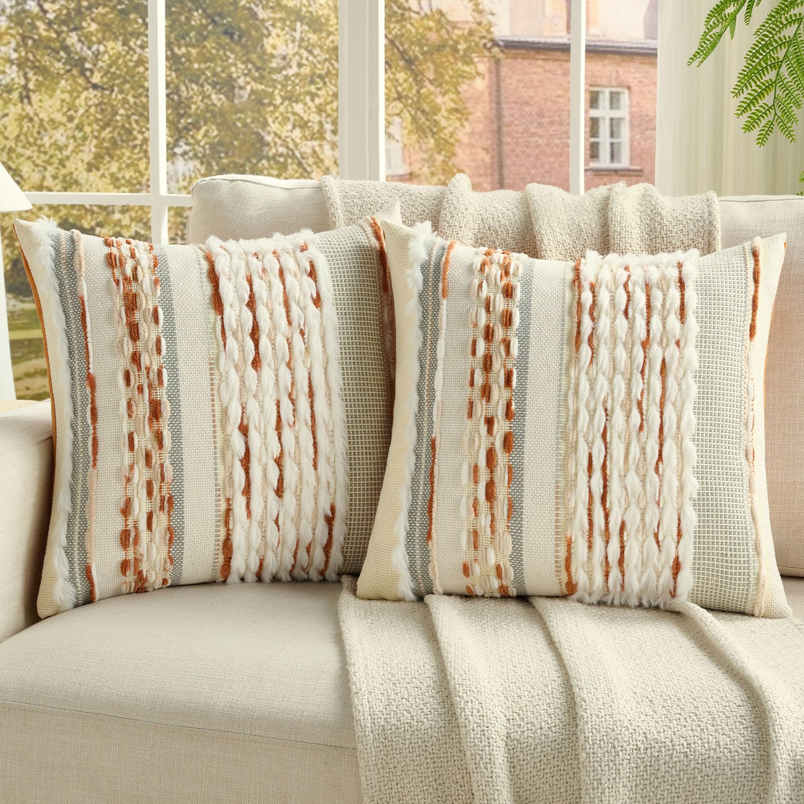 FUTEI Pack of 2 Boho Chenille Decorative Throw Pillow Covers 18x18 Inch Soft Plush Tufted Striped Textured Cushion Case,Farmhouse Accent for Couch Bed Living Room, Grey