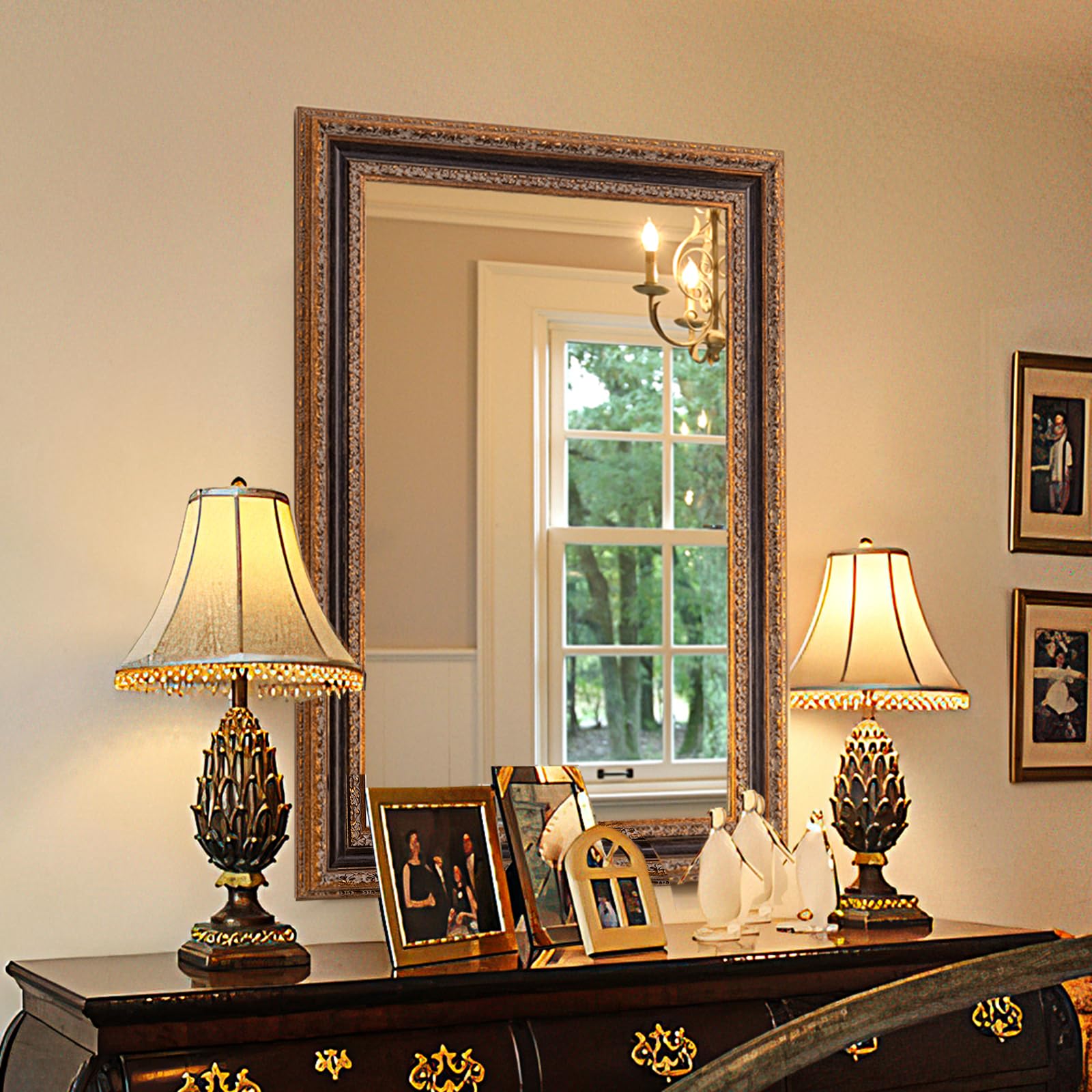 Large Decorative Mirror for Living Room, 53.5" X 30", Vintage Ornate Carvings Wood Frame, Big Vanity Rectangular Mirror for Bedroom, Dining Room, Fireplace and Bathroom