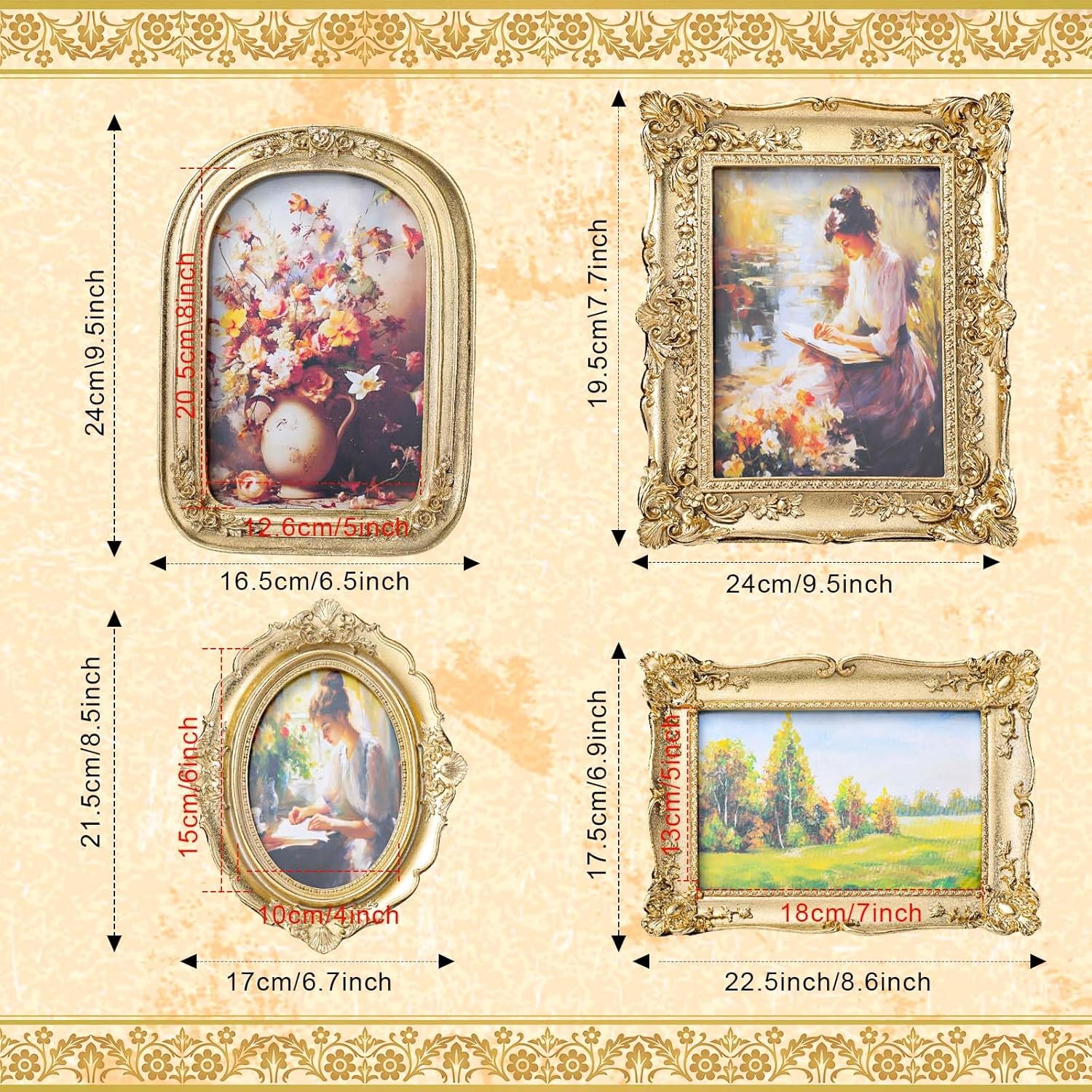 4 Pack Gold Ornate Baroque Picture Frames, Vintage Victorian Gallery Wall Photo Frames