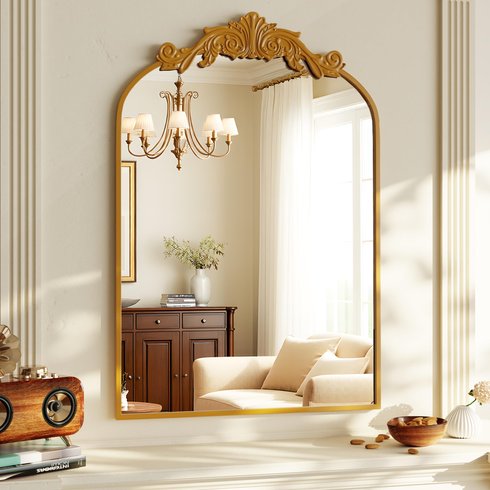 VooBang Vintage Arched Bathroom Mirror, 24x36 Inch Retro Wall Mounted Vanity Mirror with Carved Pattern Top and Metal Frame, Antique Decorative Mirror for Hanging or Leaning