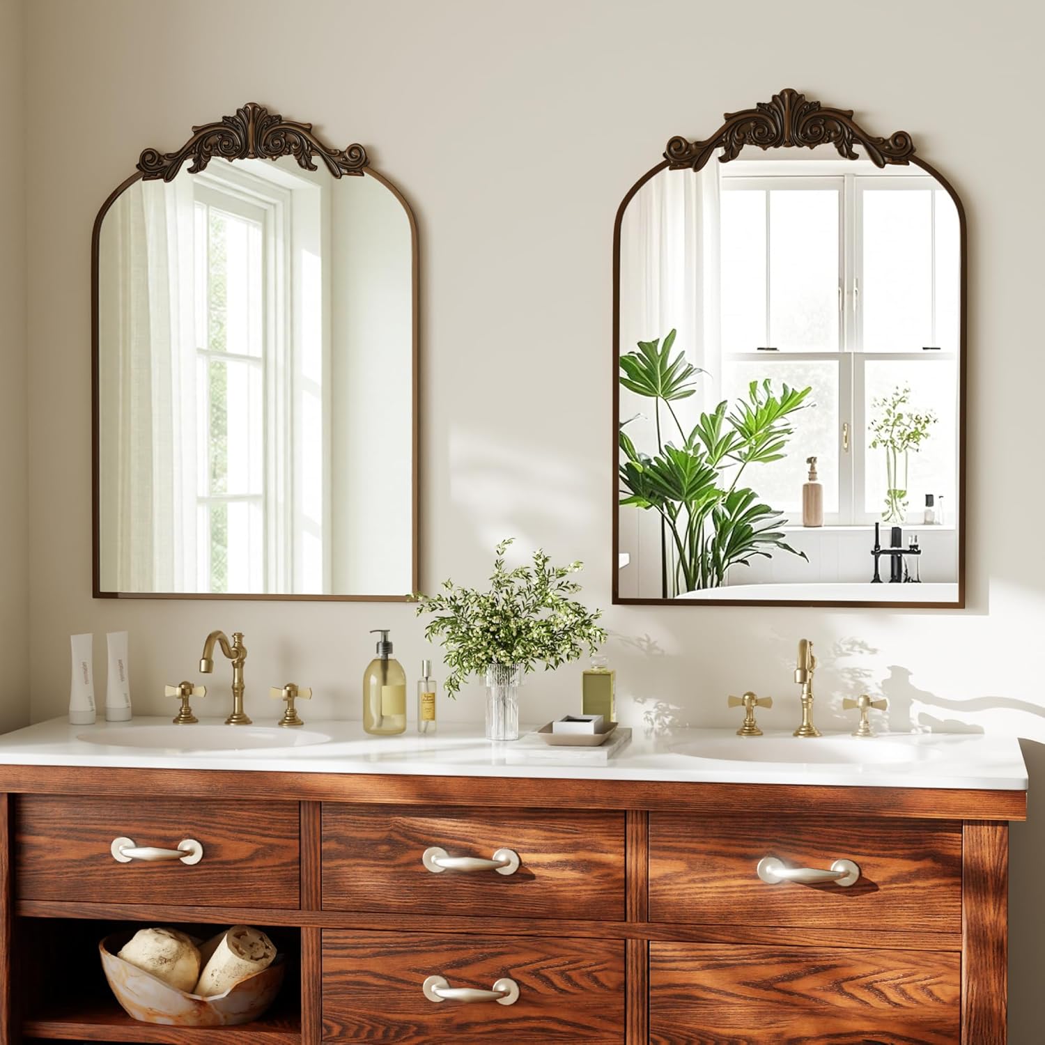 VooBang Vintage Arched Bathroom Mirror, 24x36 Inch Retro Wall Mounted Vanity Mirror with Carved Pattern Top and Metal Frame, Antique Decorative Mirror for Hanging or Leaning