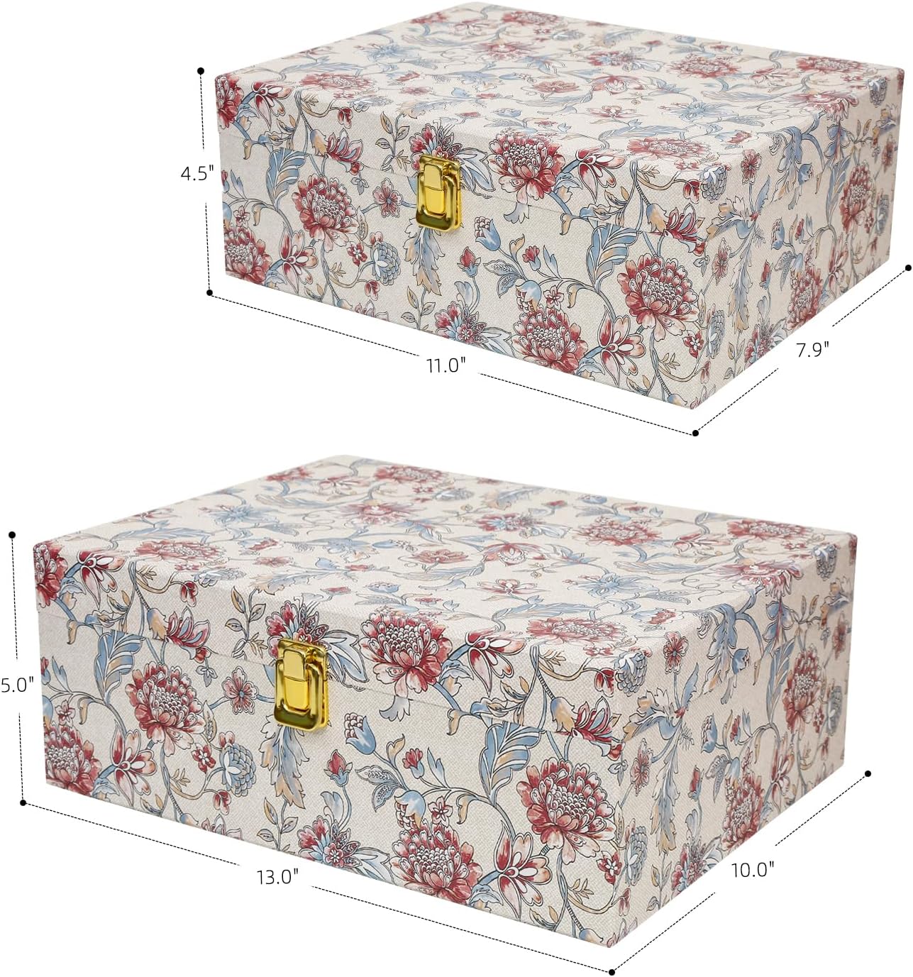 2-Piece Decorative Storage Boxes with Lids, Illustrated Botanical Floral Design in Soft Vintage Tones, Keepsake Boxes with Decorative Metal Closure, Memory Storage Boxes for Home Décor