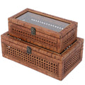 DECOR4SEASON Rattan and Cane Stacking Boxes with Glass Top Lid - Set of 2 for Boho, and Rustic Farmhouse Decor