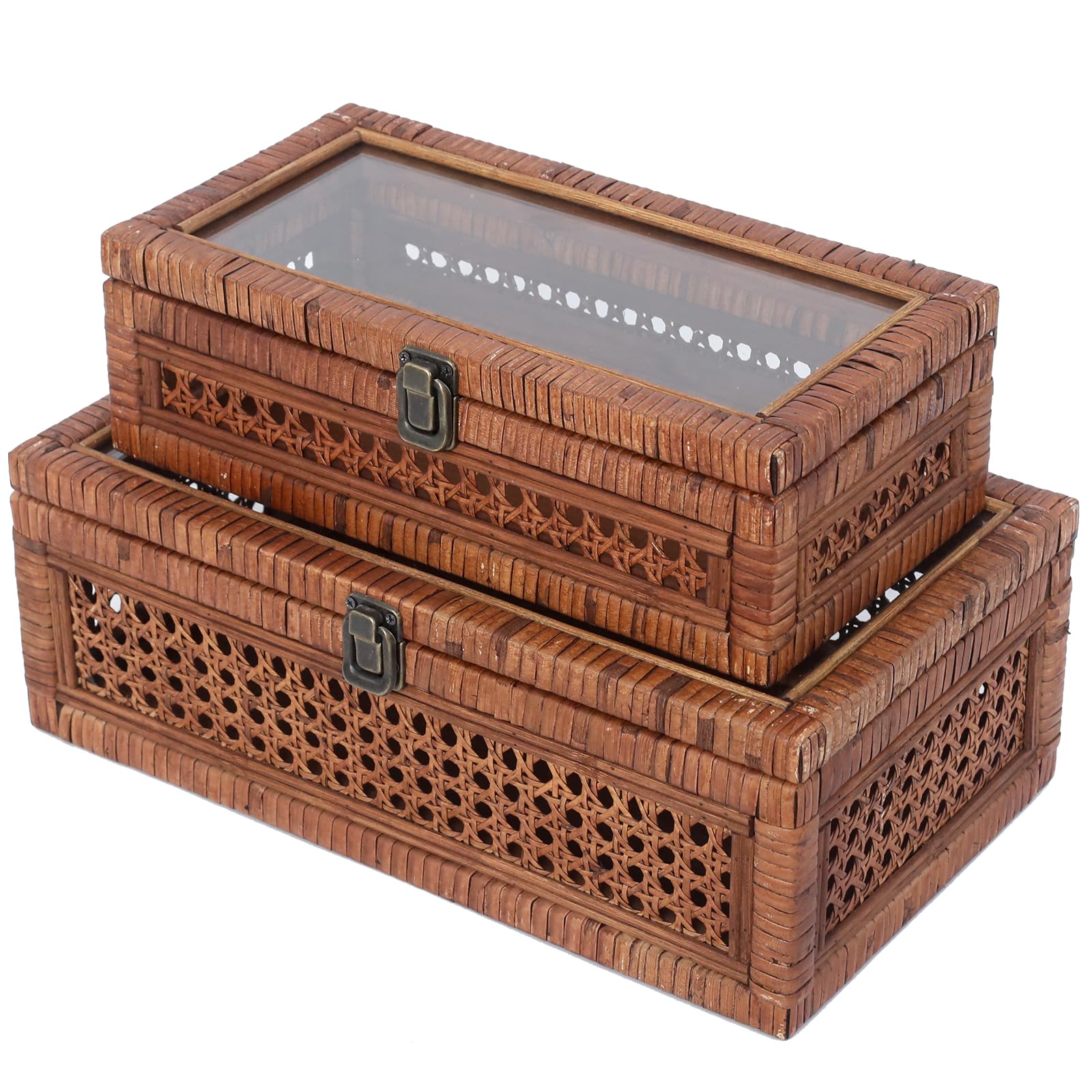 DECOR4SEASON Rattan and Cane Stacking Boxes with Glass Top Lid - Set of 2 for Boho, and Rustic Farmhouse Decor