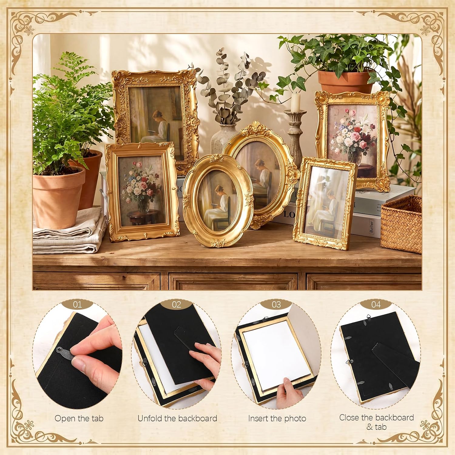 Lineshading 6 Pcs Vintage Picture Frames for Wall or Tabletop Antique Picture Frame 5"x7" 4"x6" Ornate French Country Frame Baroque Victorian Photo Frames for Gallery Home Farmhouse Decor (Gold)