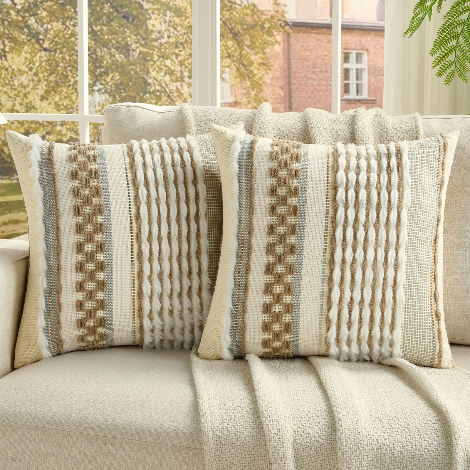 FUTEI Pack of 2 Boho Chenille Decorative Throw Pillow Covers 18x18 Inch Soft Plush Tufted Striped Textured Cushion Case,Farmhouse Accent for Couch Bed Living Room, Grey