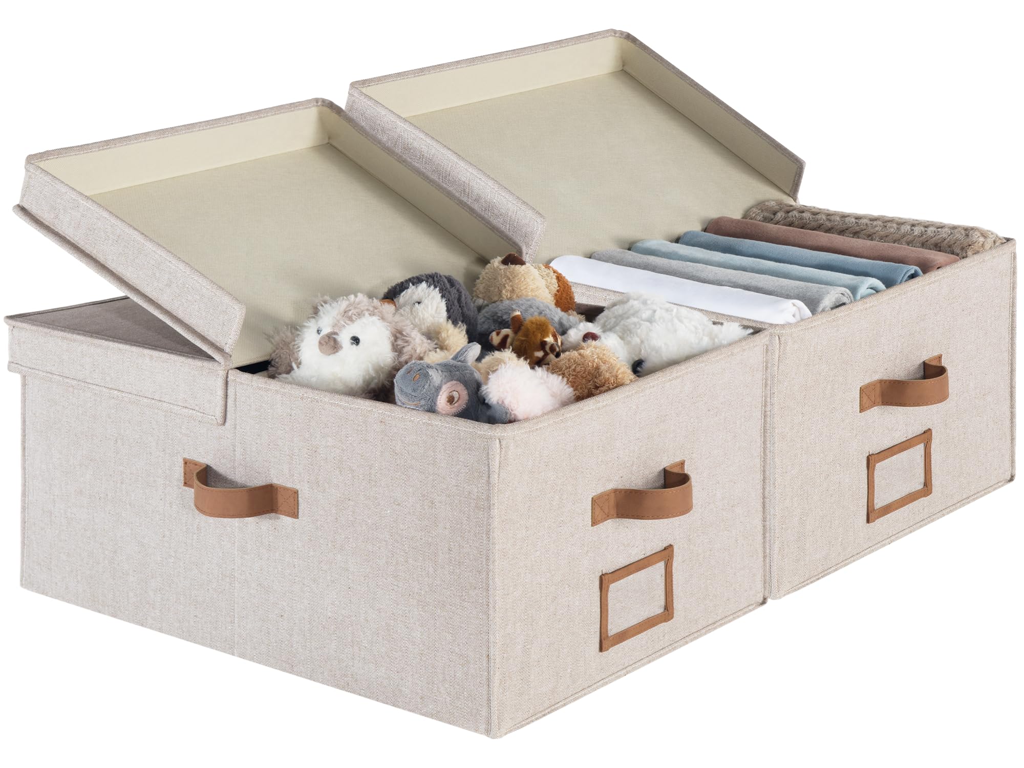 StorageWorks Extra Large Storage Bins with Lids, 55L Decorative Organizer with Divider Board, Fabric Boxes with Handles, Khaki and Beige Stripes, 2-Pack