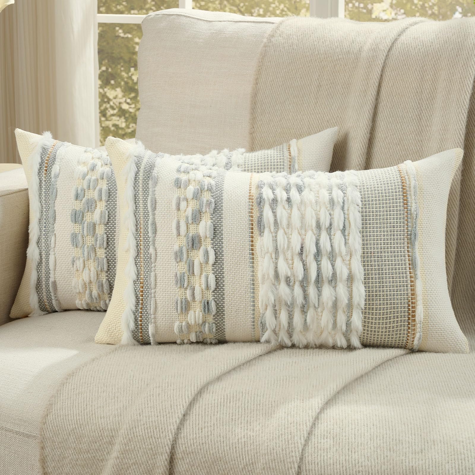 FUTEI Pack of 2 Boho Chenille Decorative Throw Pillow Covers 18x18 Inch Soft Plush Tufted Striped Textured Cushion Case,Farmhouse Accent for Couch Bed Living Room, Grey