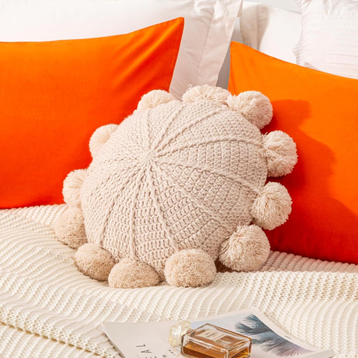Knitted Round Throw Pillow Handmade Couch Pillow Decorative Pillow with Pom Pom (Beige, 18inch)