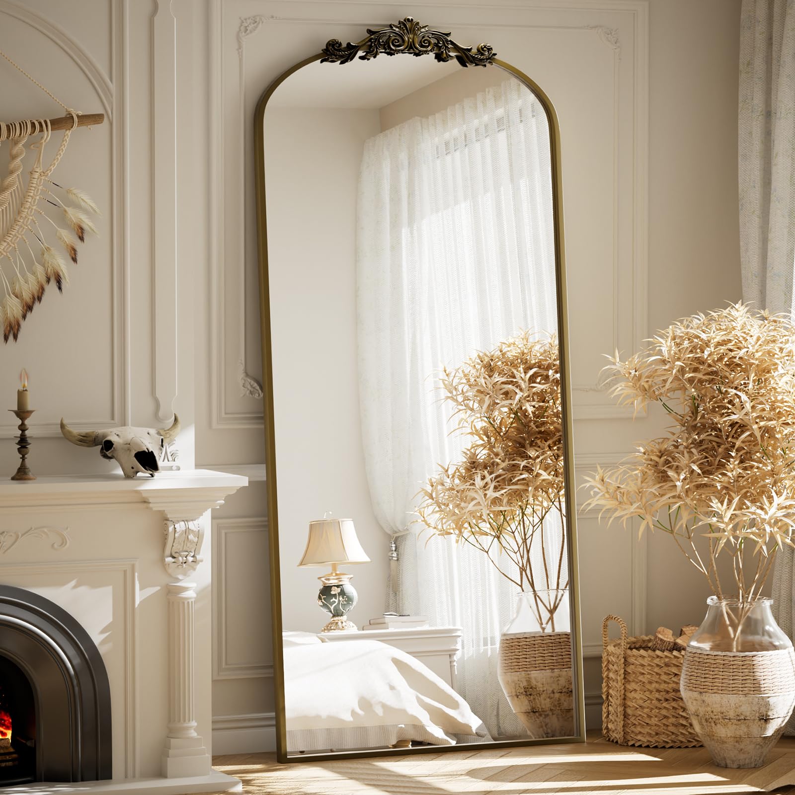 BEAUTYPEAK 56"x21" Arch Mirror Full Length, Traditional Vintage Ornate Baroque Mirror with Bottom Corner Pattern, Hanging or Leaning for Entryway/Bathroom/Fireplace/Bathroom, Black