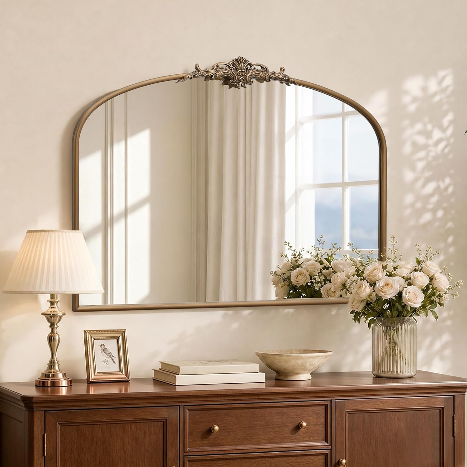 Besdomus Vintage Arched Gold Mirror: 40"x29" French Large Brass Antique Wall Vanity Mirror - Decorative Baroque Traditional Ornate for Entryway/Fireplace/Bathroom/Bedroom - Ideal for Home Renovations
