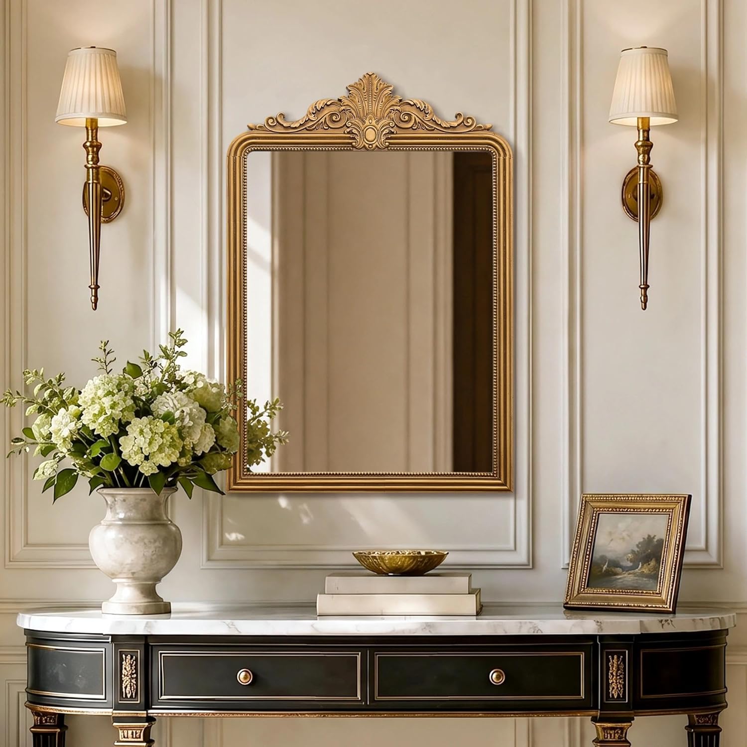 24×36 Inch Antique Gold Baroque Wall Mirror, Ornate Resin Frame Decor Mirror for Entryway Fireplace