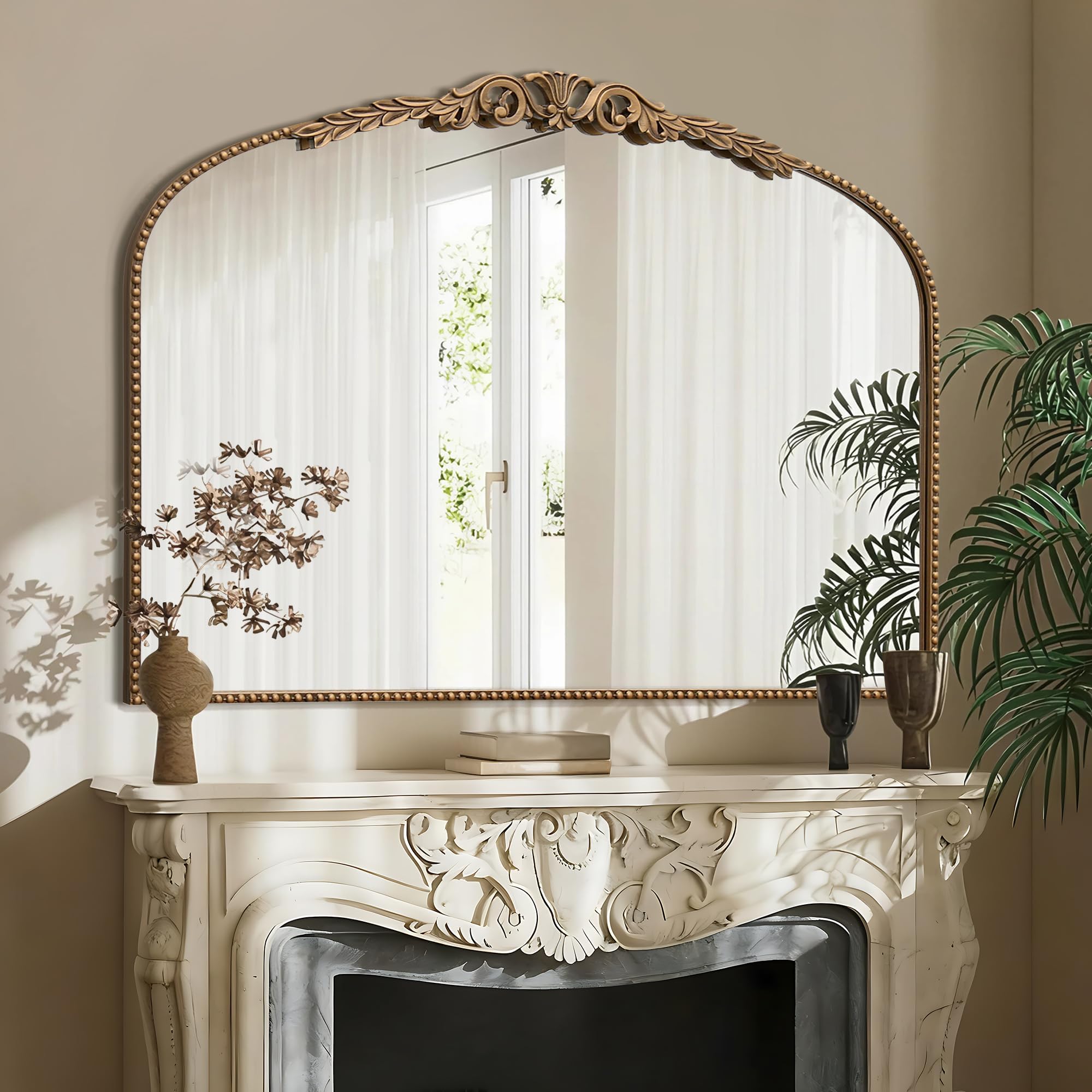 Besdomus Gold Large Arched Mirror: 40"x29" French Baroque Vintage Mirror - Traditional Ornate Antique for Mantel/Bedroom/Entryway/Bathroom/Hallway - Home Decor for Fashion-Conscious