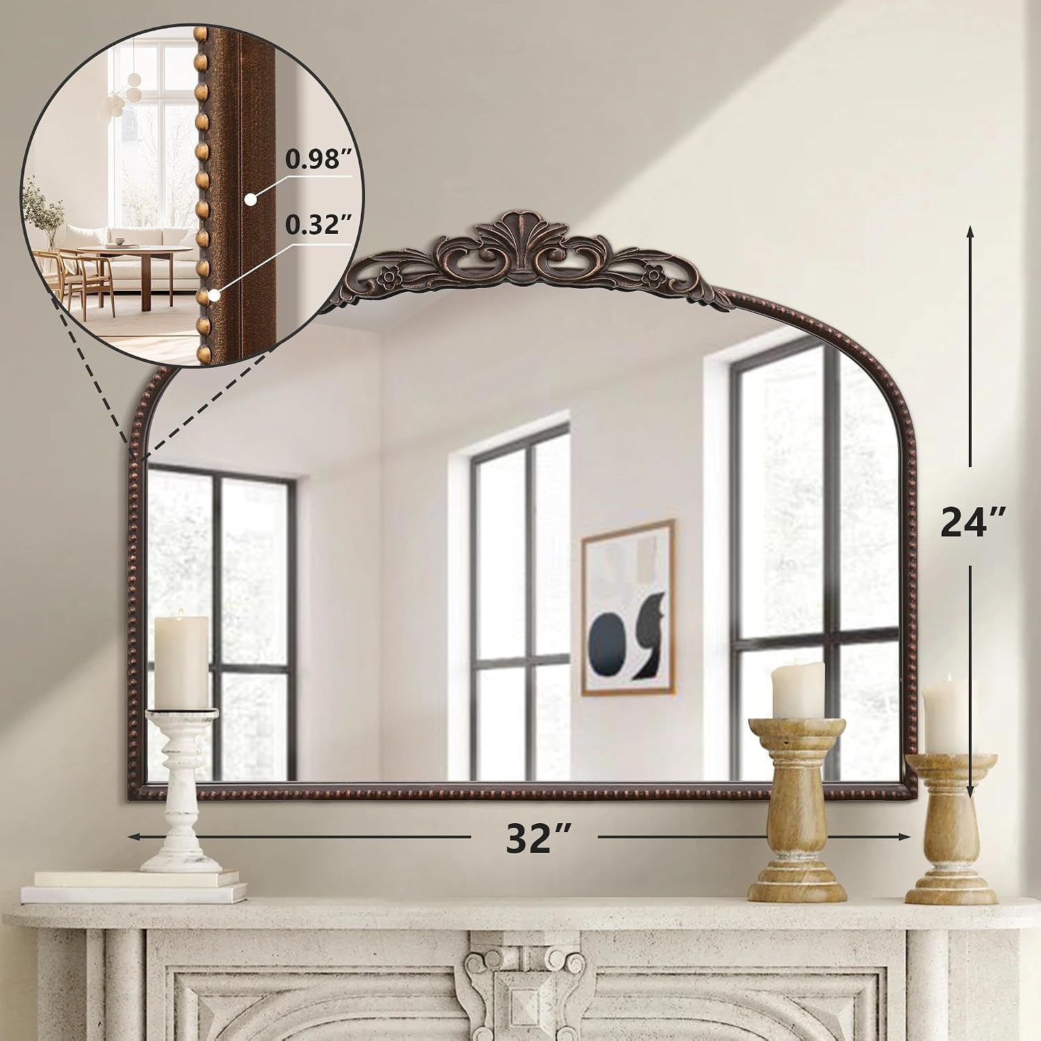Micasso Vintage Wall Bronze Mirror: 32"x24" French Baroque Antique Mirror - Traditional Ornate Decorative Arched for Wall/Bathroom/Entryway/Fireplace/Hallway - Home Decor for Living Room
