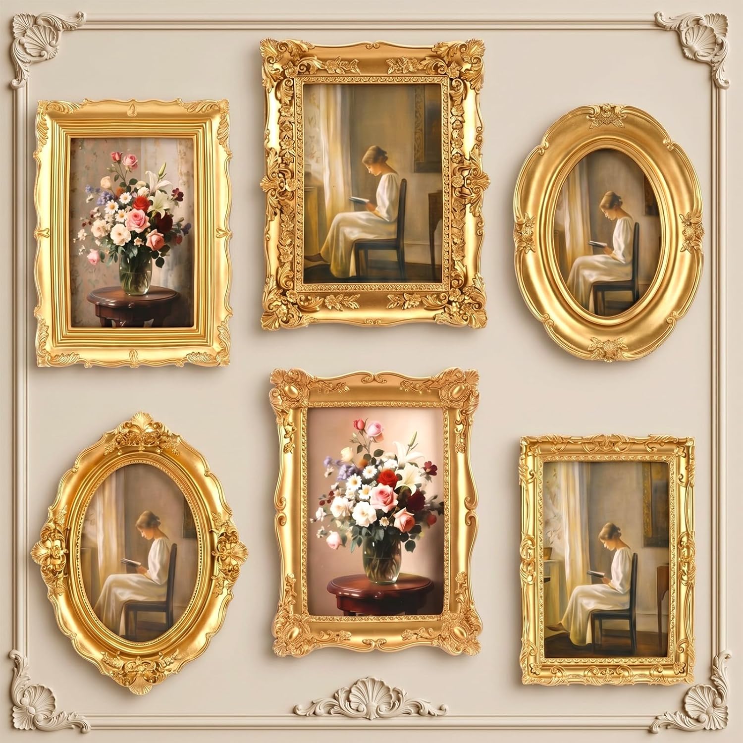 Lineshading 6 Pcs Vintage Picture Frames for Wall or Tabletop Antique Picture Frame 5"x7" 4"x6" Ornate French Country Frame Baroque Victorian Photo Frames for Gallery Home Farmhouse Decor (Gold)