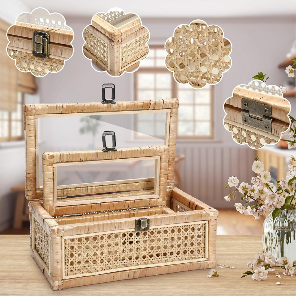 Set of 2 Boho Rattan Decorative Box with Glass Lid Rectangular Woven Cane Stacking Boxes for Display Rustic Farmhouse Storage Basket Bins for Home Decoration