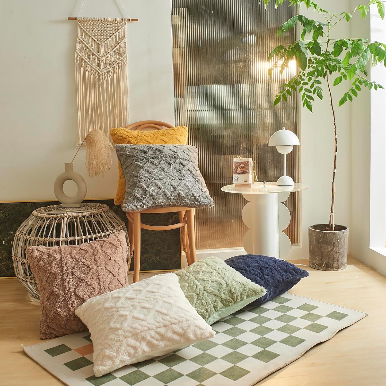 Jacquard Fuzzy Fleece Decorative Throw Pillow Covers 20x20 Inch Farmhouse Boho Cable Knit Plush Cushion Cover Soft Accent Pillowcase for Couch Sofa Bed Living Room (Cream,20"x20")