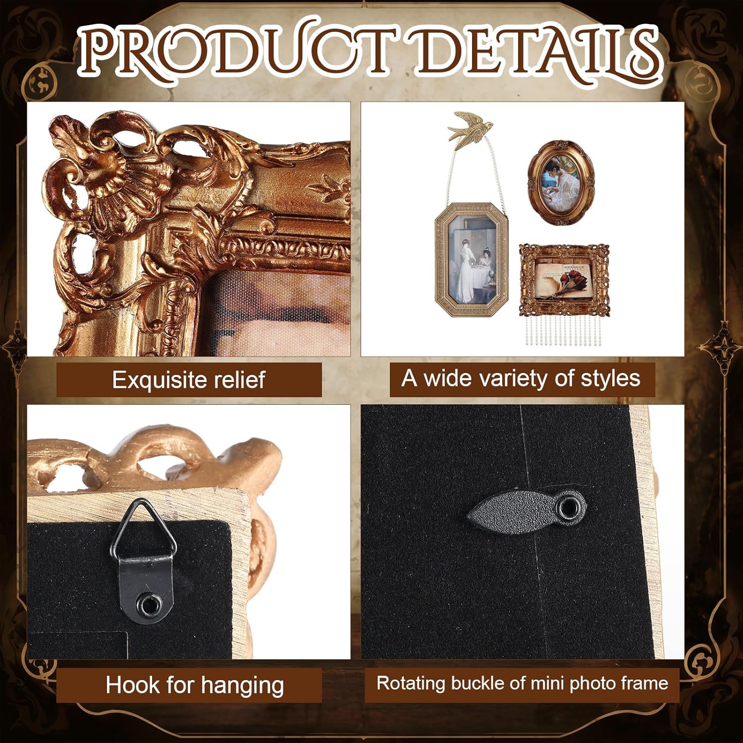 Wonderjune 3 Pcs Gold Vintage Gallery Wall Picture Frame Bird Accessories Antique Oval Rectangle Pearl Baroque Resin Photo Frame Tabletop 7x9, 4x6 and 5x7 Wall Mount with Glass Art Vintage Home Decor