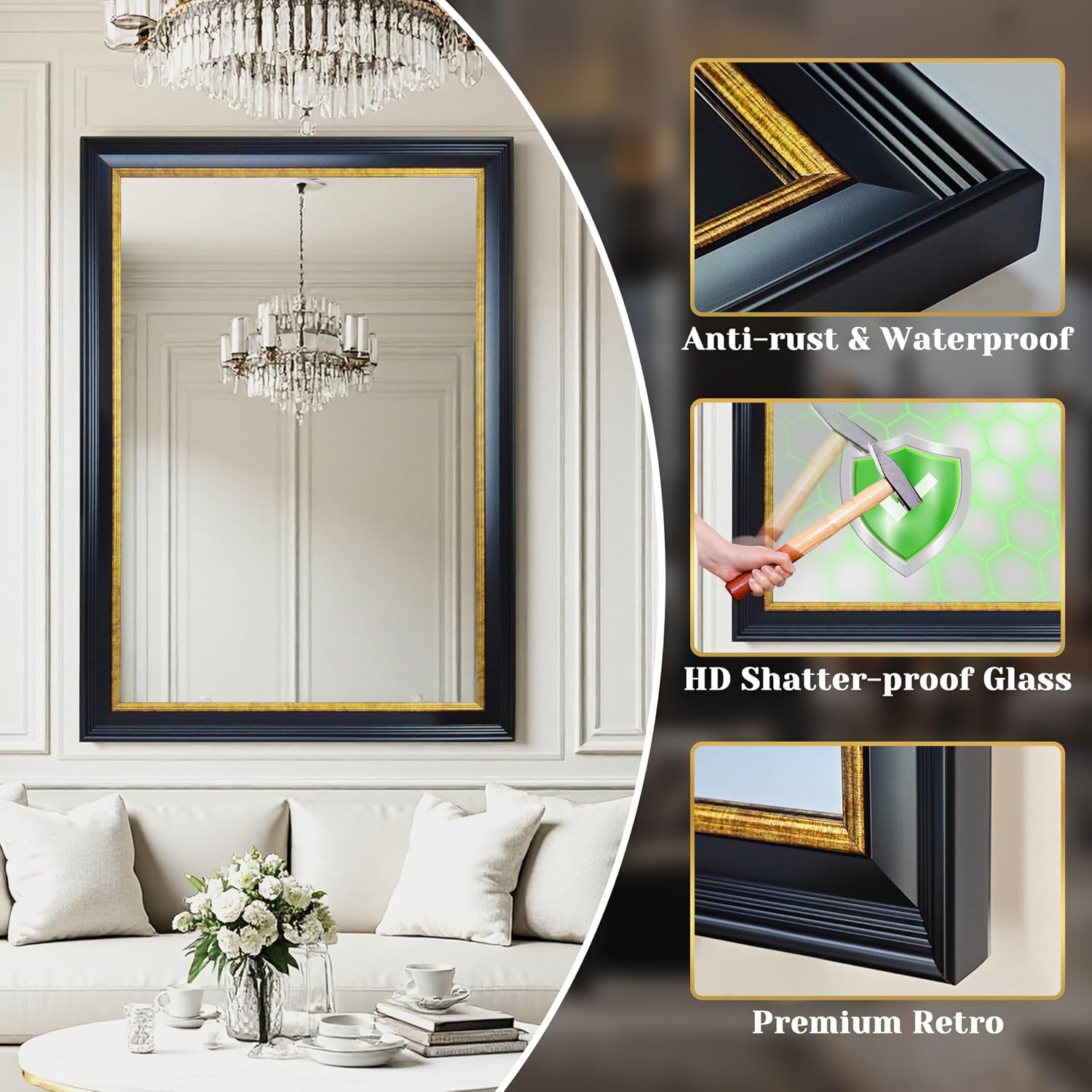 ROLOVE 23x34 Inch Antique Black and Gold Mirror for Wall, Ornate Baroque Decorative Mirror, Rectangle Vintage Wall Mirror for Fireplace & Entryway, Bathroom, Shatterproof Glass, Waterproof Frame