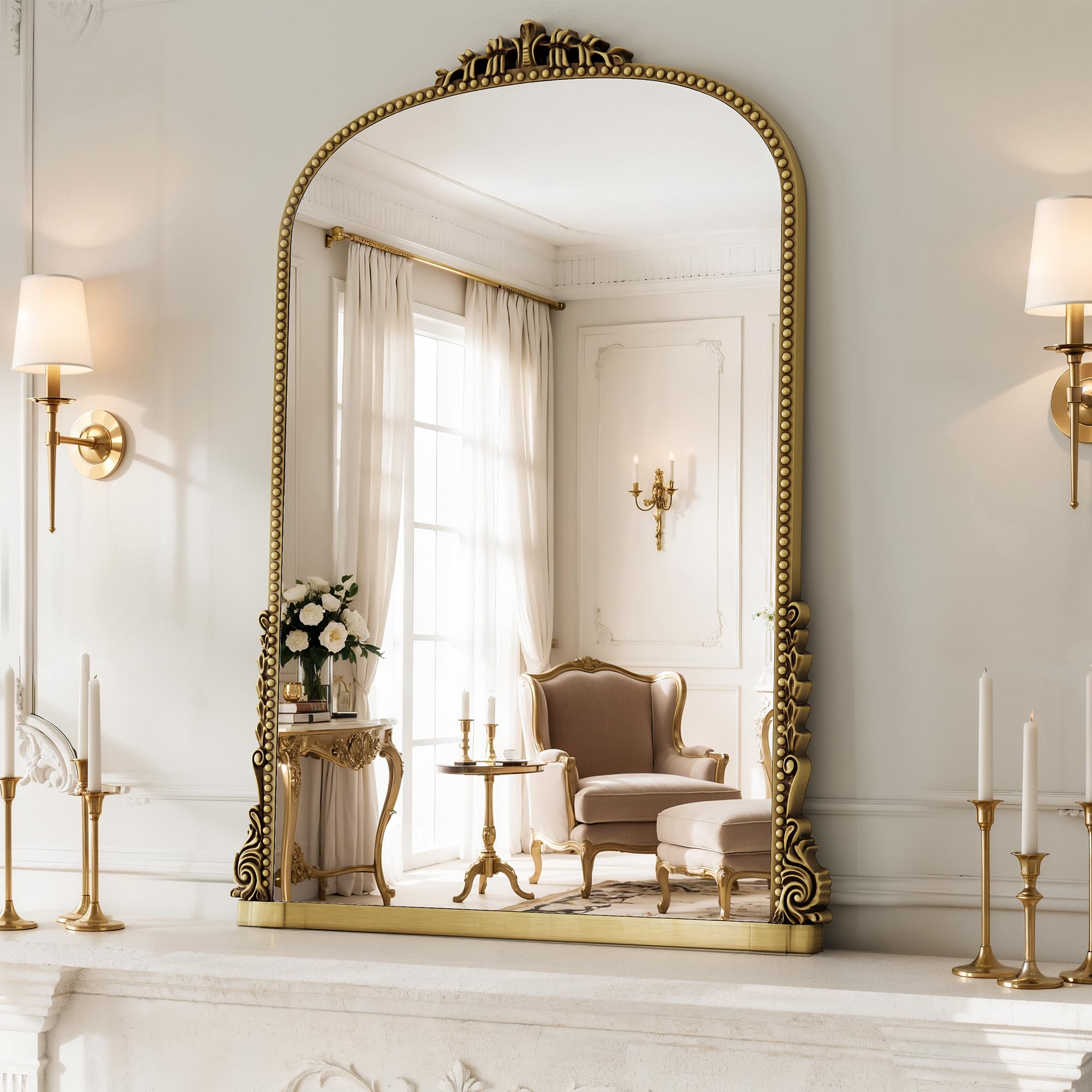 Vintage Gold Baroque Ornate Wall Mirror, Arched Resin Frame HD Tempered Glass Decor Mirror