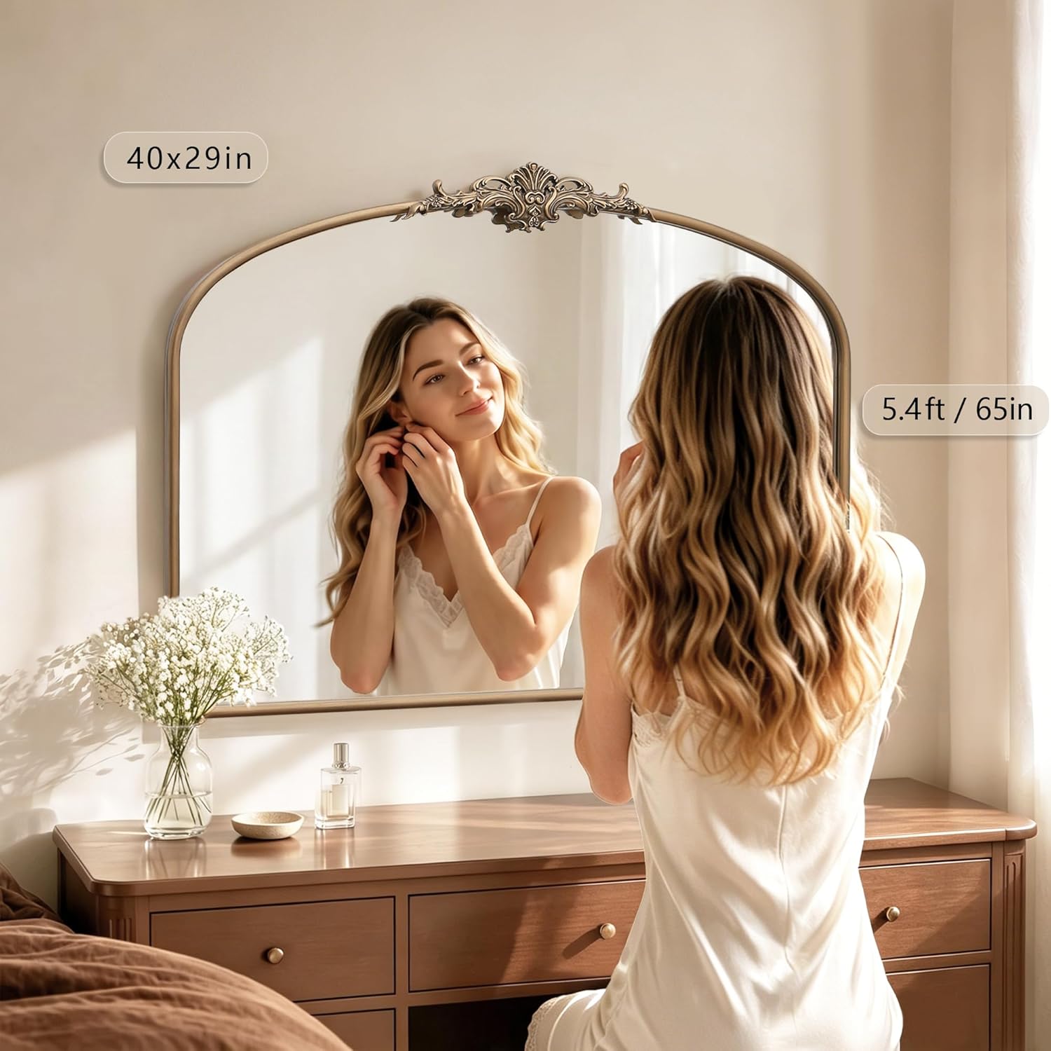 Besdomus Vintage Arched Gold Mirror: 40"x29" French Large Brass Antique Wall Vanity Mirror - Decorative Baroque Traditional Ornate for Entryway/Fireplace/Bathroom/Bedroom - Ideal for Home Renovations