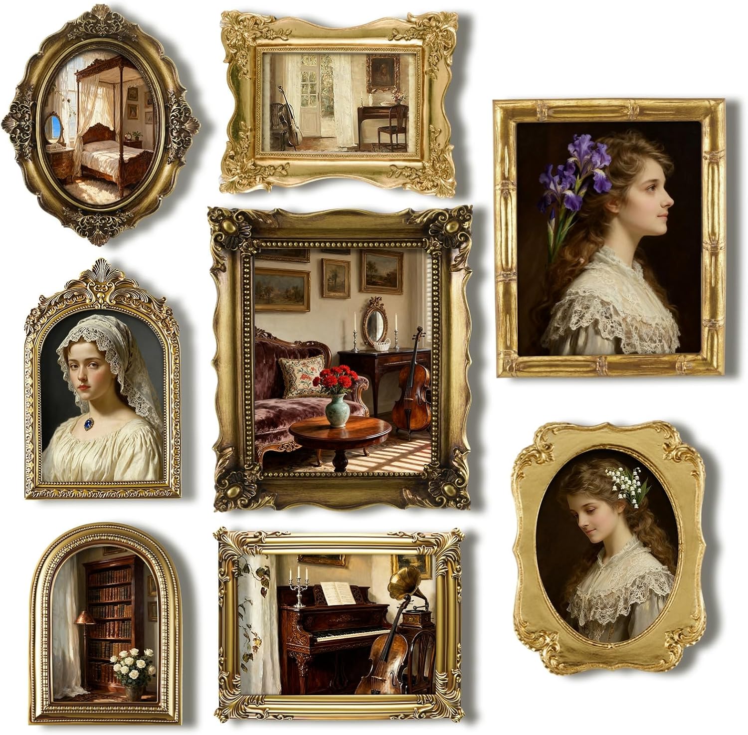 8 Pcs Vintage Picture Frames Set for Gallery Wall, Antique Gold Resin Photo Frames Collage Assorted Sizes 8x10, 5x7 & 4x6, Ornate Victorian French Country Decor for Wall Mount & Tabletop Display