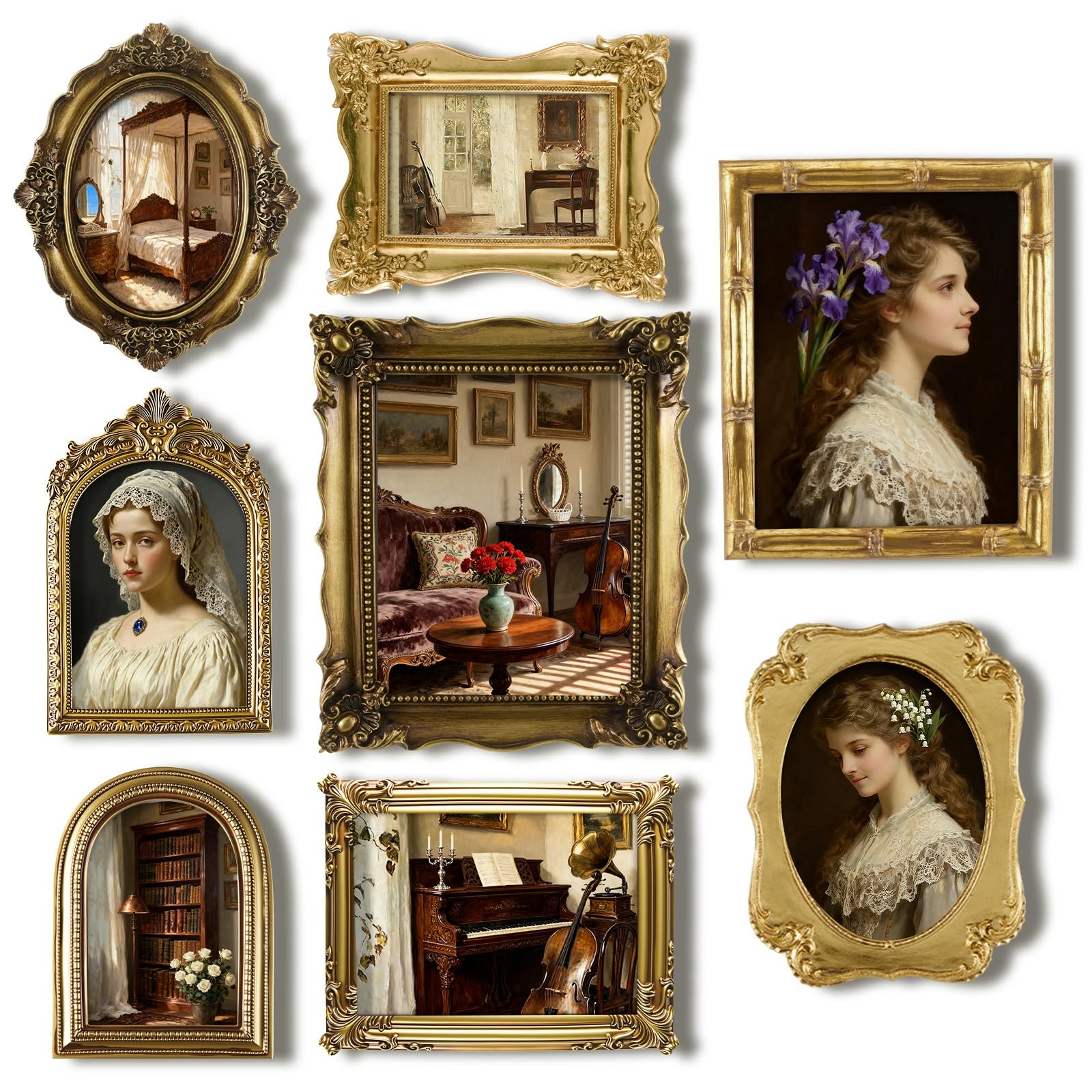 8 Pcs Vintage Picture Frames Set for Gallery Wall, Antique Gold Resin Photo Frames Collage Assorted Sizes 8x10, 5x7 & 4x6, Ornate Victorian French Country Decor for Wall Mount & Tabletop Display