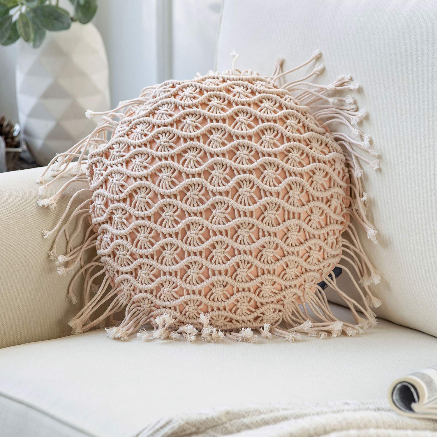 Phantoscope 100% Cotton Handmade Symmetry 3D Crochet Woven Boho Throw Pillow Farmhouse Pillow Insert Included Decorative Cushion for Couch Sofa Grey 18 x 18 inches 45 x 45 cm