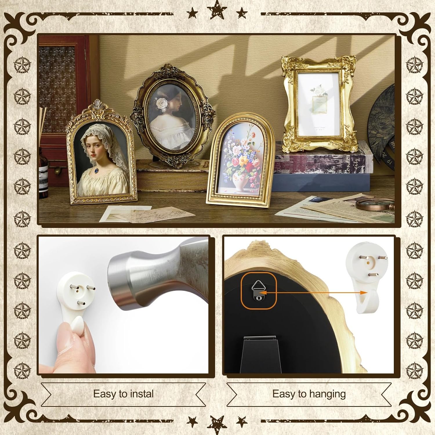 8 Pcs Vintage Picture Frames Set for Gallery Wall, Antique Gold Resin Photo Frames Collage Assorted Sizes 8x10, 5x7 & 4x6, Ornate Victorian French Country Decor for Wall Mount & Tabletop Display