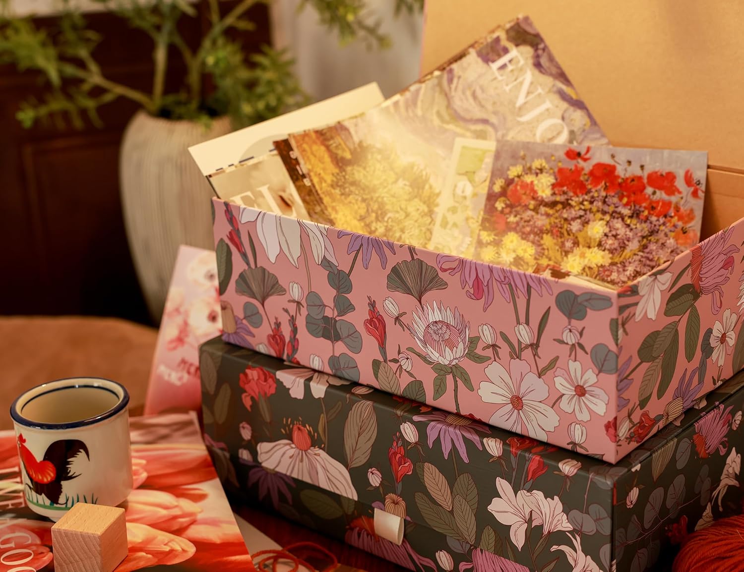 3-Piece Decorative Storage Boxes with Lids, Magnet and Ribbon, Blue, Green, Pink, Floral, Cardboard Paper Keepsake box Set, Photo Storage Box for Memory, Modern Stylish Home Decor