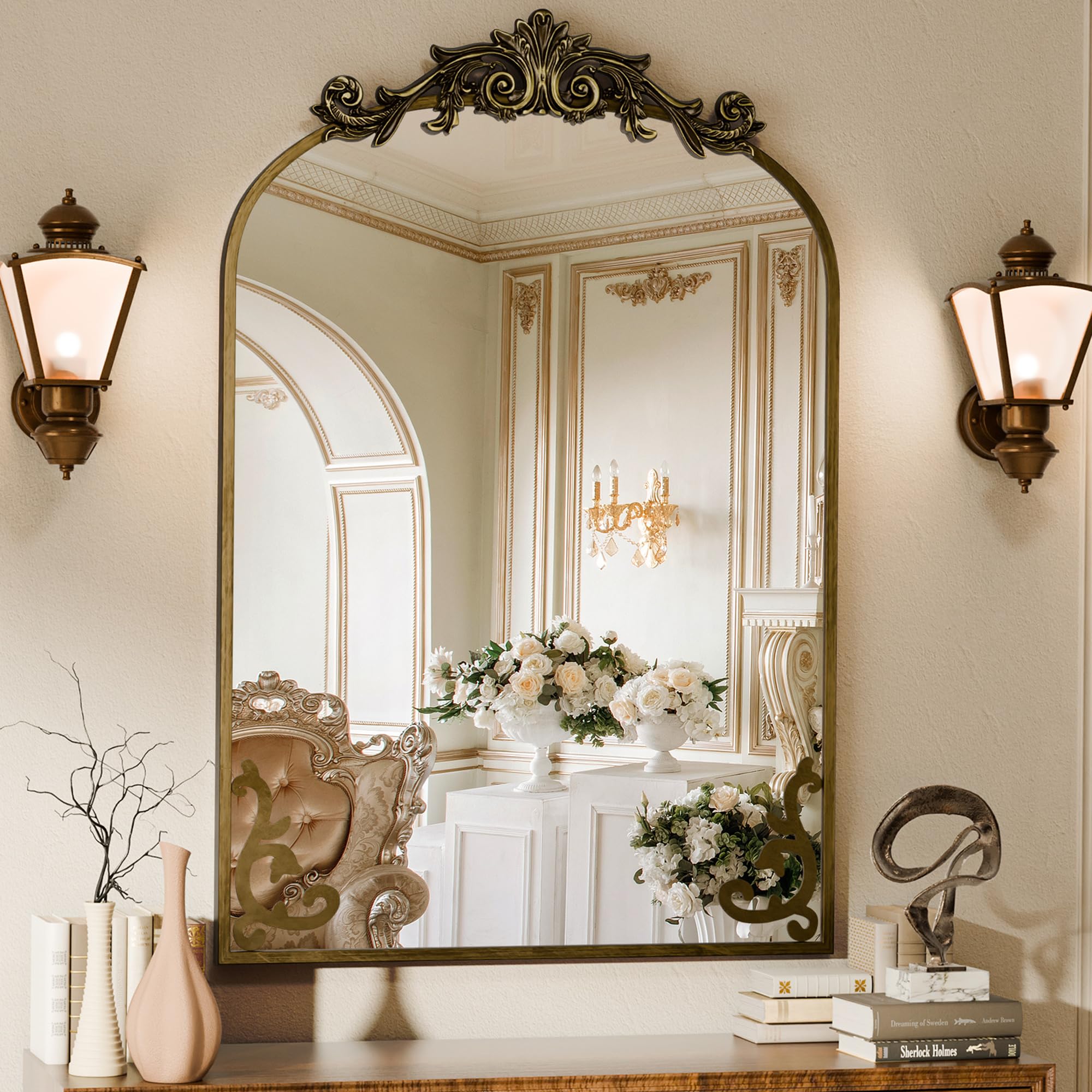 Koonmi Vintage Mirror, 22x30 Antique Barolon Mirror for Wall, Bronze Frame with Ornate Patterns, Flower Head, Shatter-Proof Tempered Glass Arched Decorative Mirrors for Bathroom