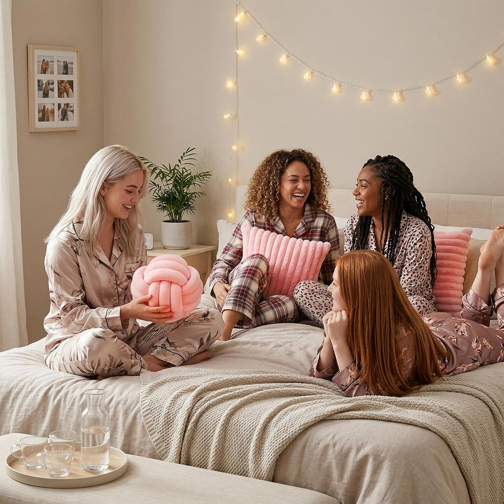 Tegeme Set of 3 Knot Pillow Ball and 18" Throw Pillowcases Fuzzy Striped, Soft Knotted Home Decor Pillow, 2 Faux Fur Cushion Covers Aesthetic Cushion and Cases for Sofa Bed Bedroom Living Room (Pink)
