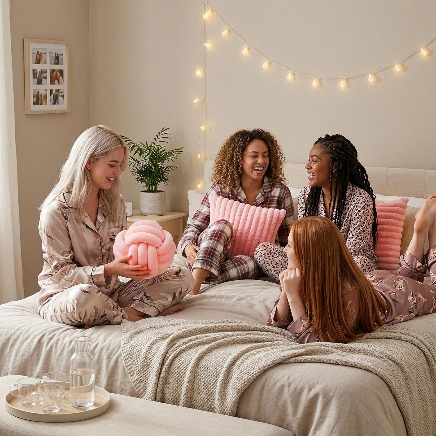 Tegeme Set of 3 Knot Pillow Ball and 18" Throw Pillowcases Fuzzy Striped, Soft Knotted Home Decor Pillow, 2 Faux Fur Cushion Covers Aesthetic Cushion and Cases for Sofa Bed Bedroom Living Room (Pink)