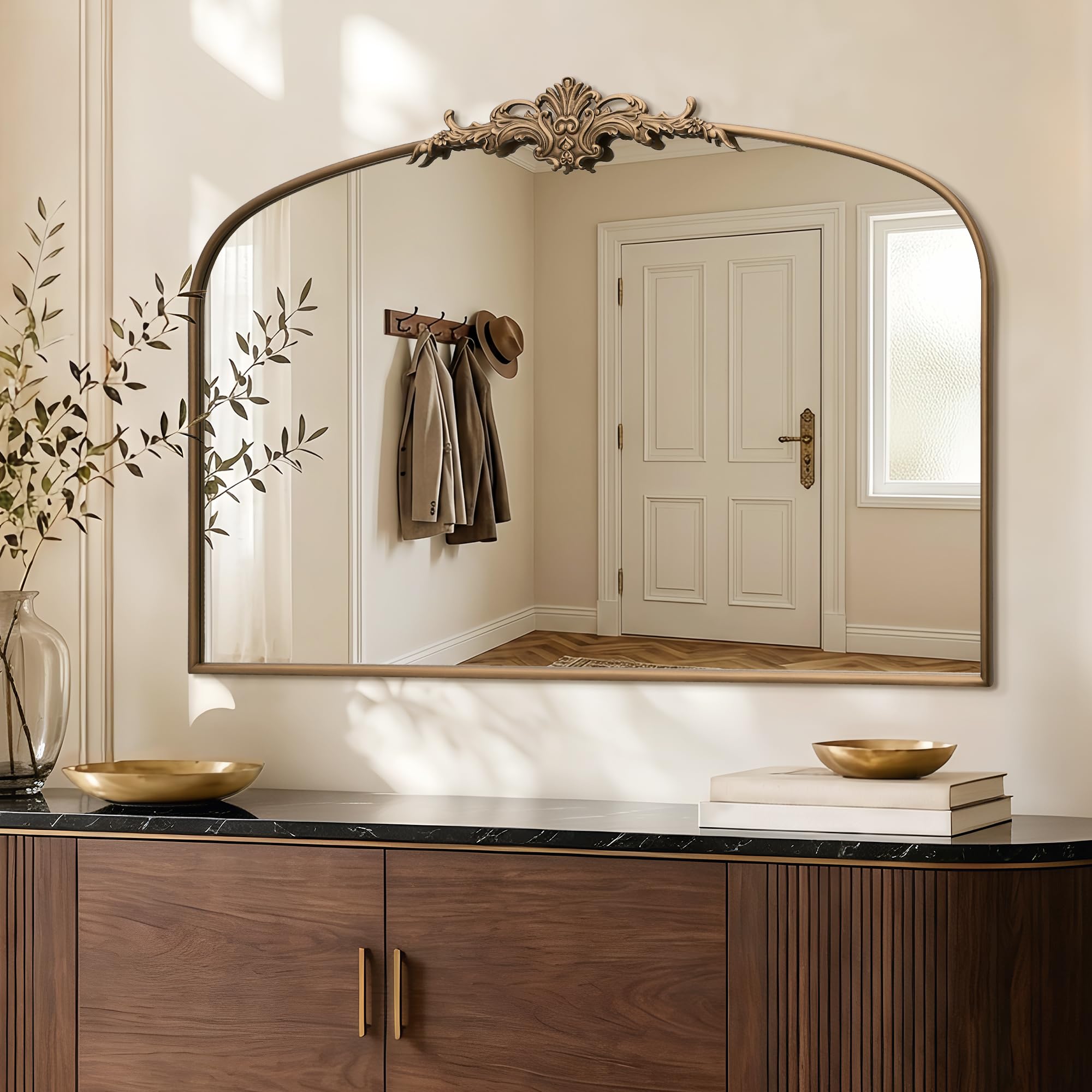 Besdomus Vintage Arched Gold Mirror: 40"x29" French Large Brass Antique Wall Vanity Mirror - Decorative Baroque Traditional Ornate for Entryway/Fireplace/Bathroom/Bedroom - Ideal for Home Renovations