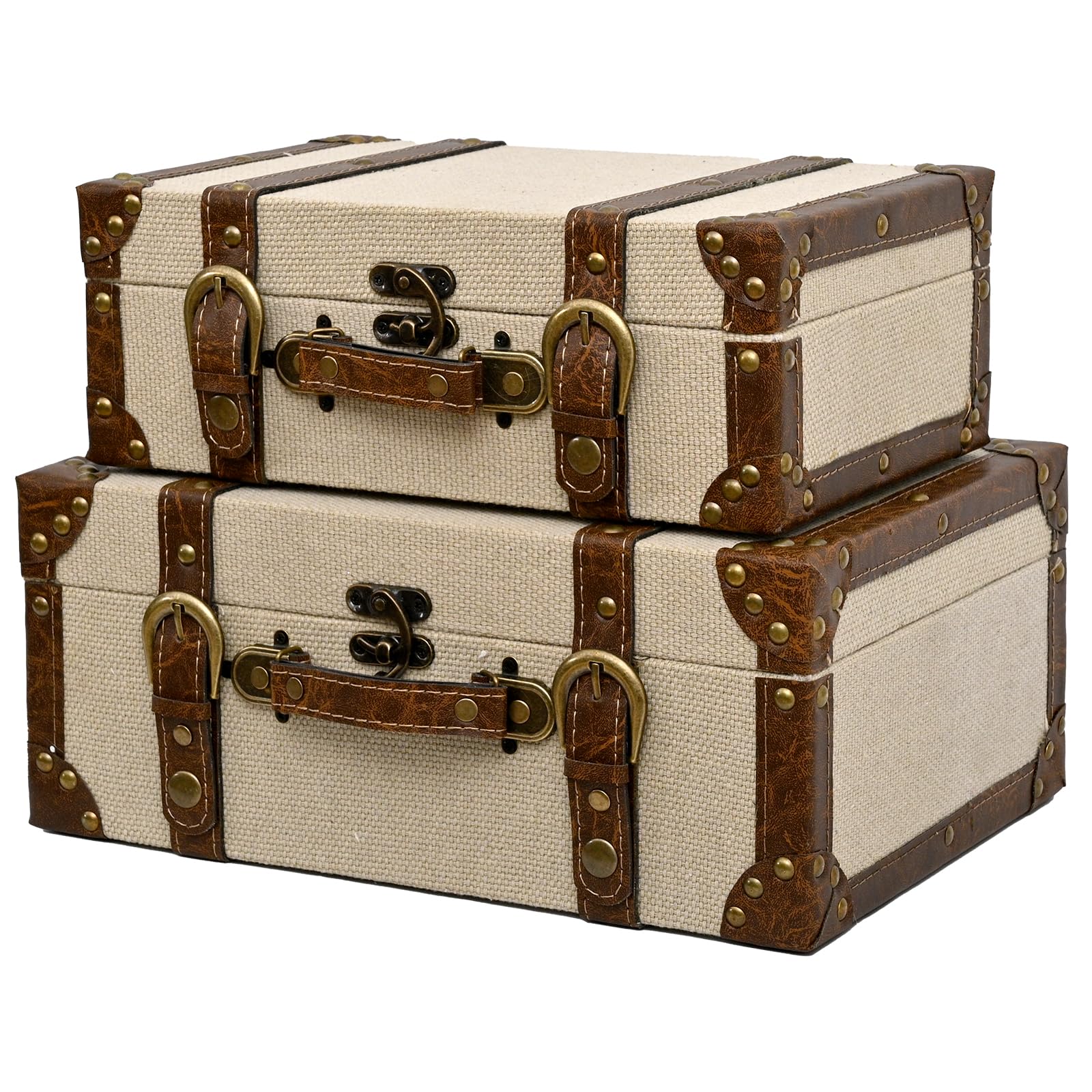 DECOR4SEASON Vintage Linen Fabric Decorative Box Set of 2 - Antique-Style Keepsake Chests for Coffee Table Decor, Mementos, and Elegant Bookshelf Styling