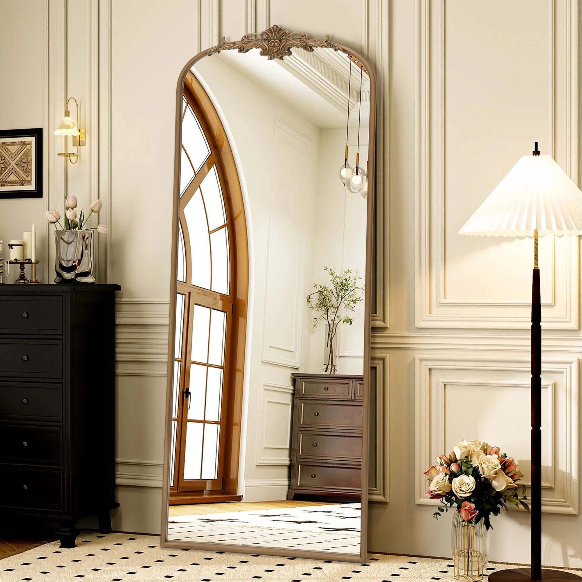 Besdomus Vintage Arched Gold Mirror: 40"x29" French Large Brass Antique Wall Vanity Mirror - Decorative Baroque Traditional Ornate for Entryway/Fireplace/Bathroom/Bedroom - Ideal for Home Renovations