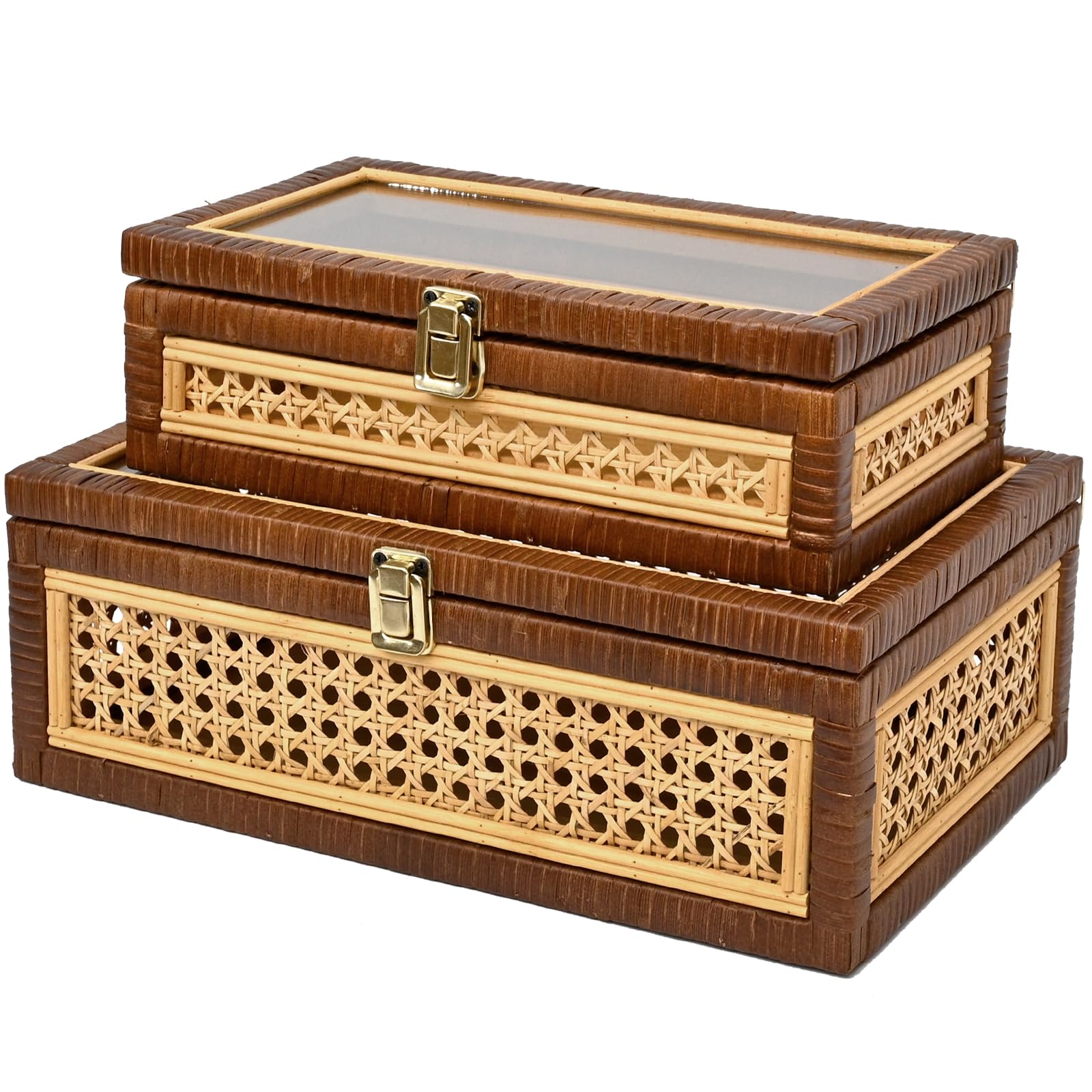 DECOR4SEASON Rattan and Cane Stacking Boxes with Glass Top Lid - Set of 2 for Boho, and Rustic Farmhouse Decor