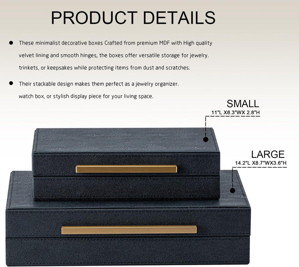 Set of 2 Black Shagreen Storage Boxes with Gold Metal Handles – Faux Leather Jewelry Organizer, Nesting Decorative Box for Photos, Memory Keepsake, Home & Office Decor