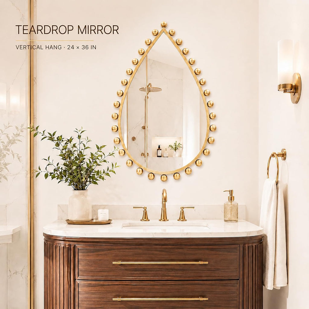 Antique Gold Teardrop Mirror Unique with Ball Frame – 24"x36" Beaded Large Decorative Ornate Wall Mirror for Bathroom, Bedroom, Living Room, Hallway