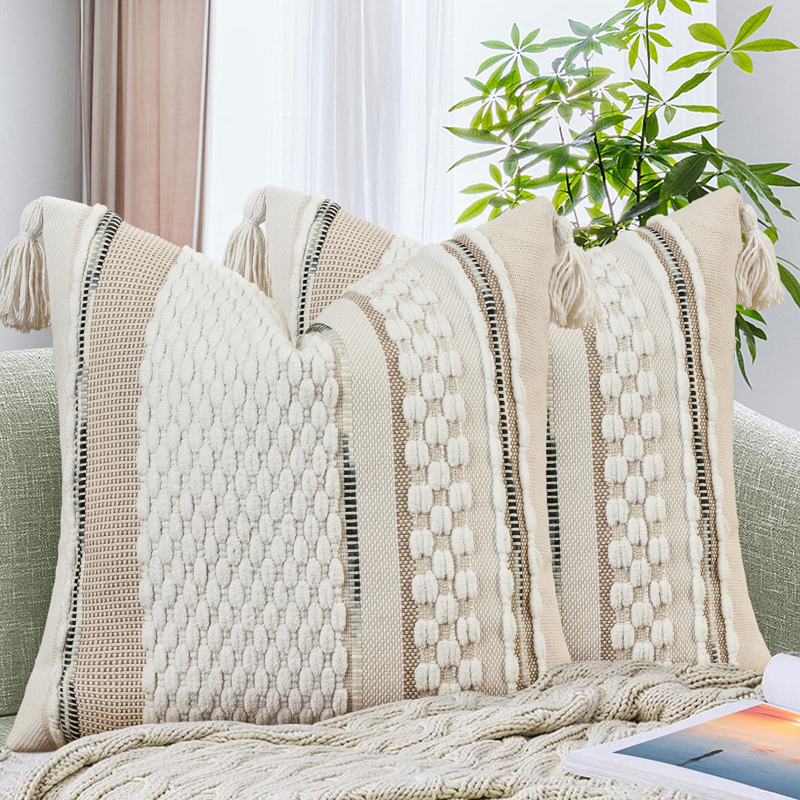 Set of 2 Grey 18×18 Inch Chenille Striped Pillow Covers, Boho Tassel Woven Couch Cushion Cases